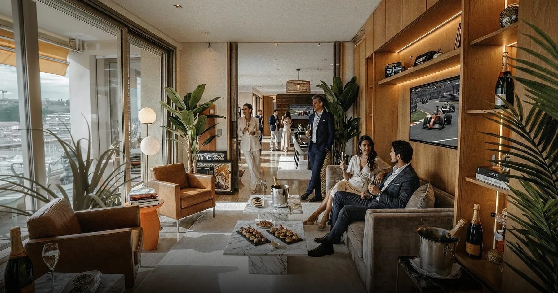 Salon de réception d'une terrasse, avec fauteuils, canapés et vue sur le port